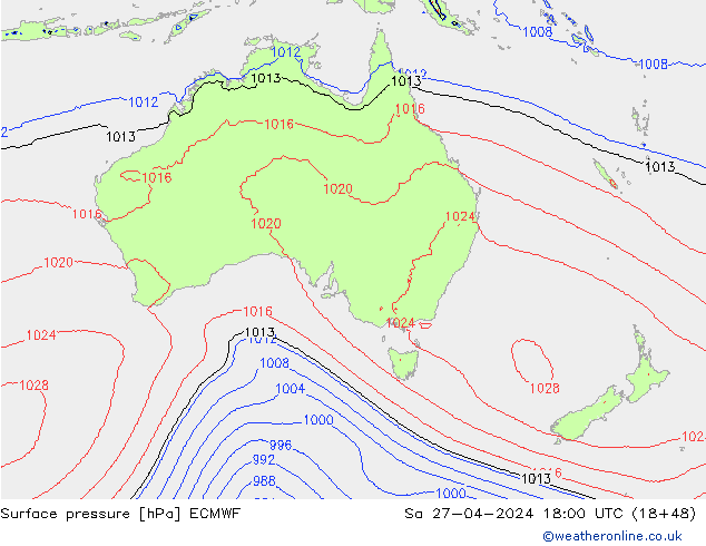 Presión superficial ECMWF sáb 27.04.2024 18 UTC