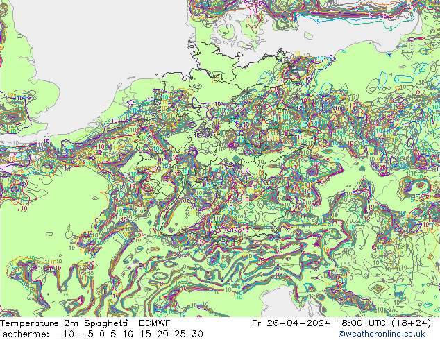Temperature 2m Spaghetti ECMWF Fr 26.04.2024 18 UTC