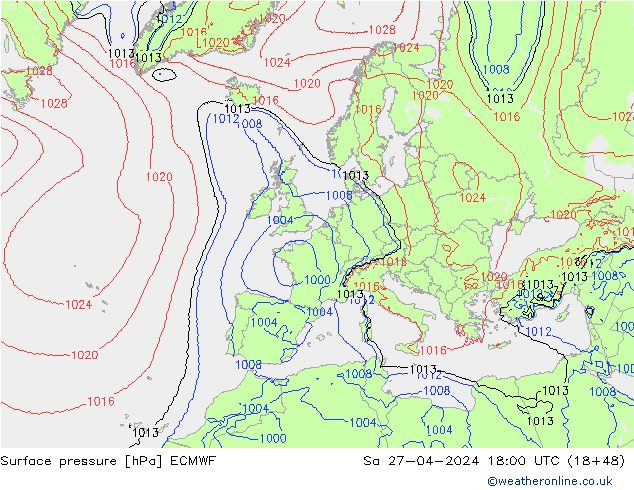 Presión superficial ECMWF sáb 27.04.2024 18 UTC