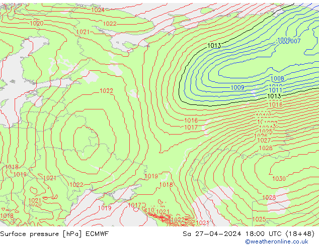 Surface pressure ECMWF Sa 27.04.2024 18 UTC