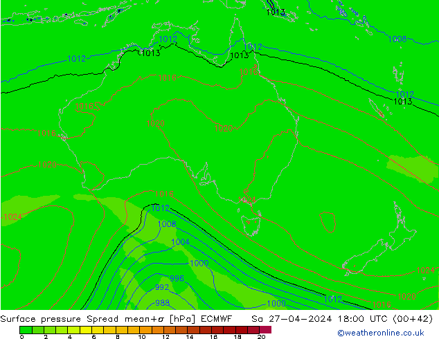 Surface pressure Spread ECMWF Sa 27.04.2024 18 UTC
