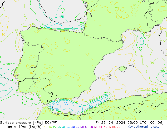 Isotachs (kph) ECMWF Fr 26.04.2024 06 UTC