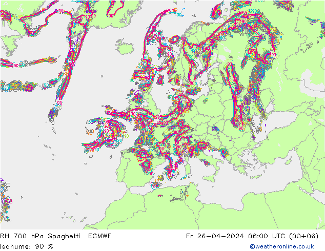 RH 700 hPa Spaghetti ECMWF Fr 26.04.2024 06 UTC