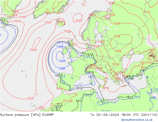 Surface pressure ECMWF Tu 30.04.2024 18 UTC