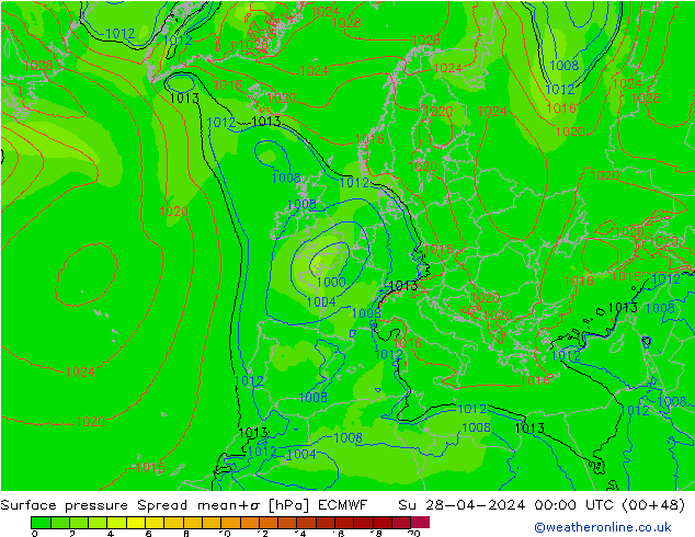 Atmosférický tlak Spread ECMWF Ne 28.04.2024 00 UTC