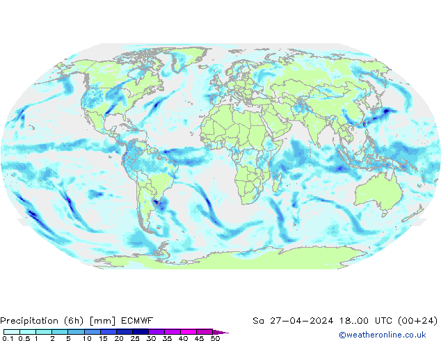 осадки (6h) ECMWF сб 27.04.2024 00 UTC