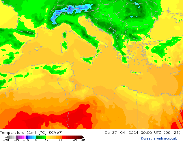 Temperature (2m) ECMWF Sa 27.04.2024 00 UTC
