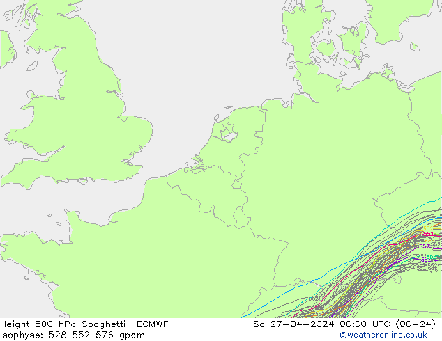 Height 500 hPa Spaghetti ECMWF So 27.04.2024 00 UTC