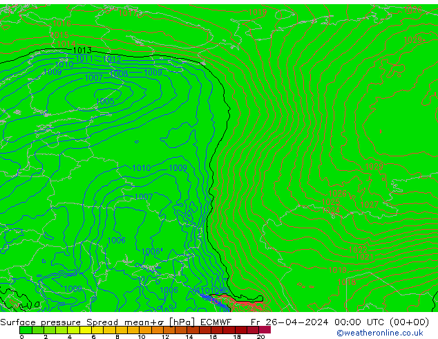 Atmosférický tlak Spread ECMWF Pá 26.04.2024 00 UTC