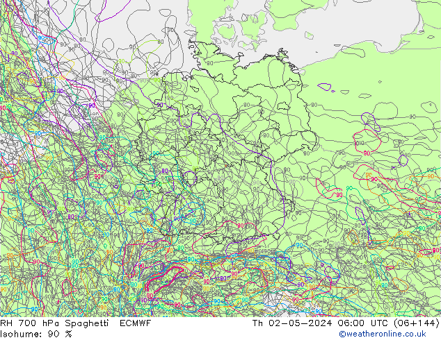 RH 700 hPa Spaghetti ECMWF Th 02.05.2024 06 UTC