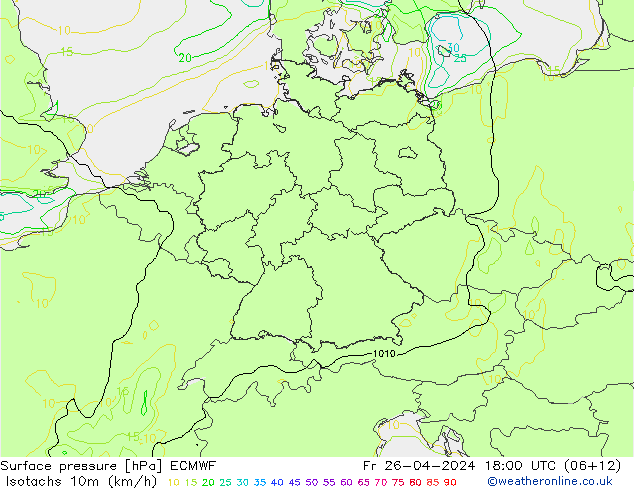 Isotachs (kph) ECMWF Fr 26.04.2024 18 UTC