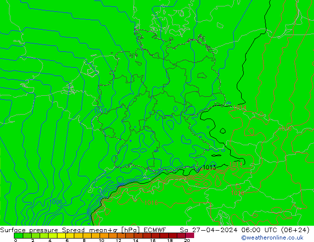 Atmosférický tlak Spread ECMWF So 27.04.2024 06 UTC