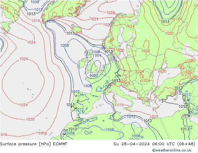 Pressione al suolo ECMWF dom 28.04.2024 06 UTC