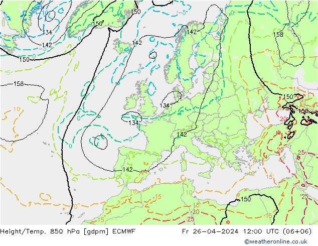 Hoogte/Temp. 850 hPa ECMWF vr 26.04.2024 12 UTC
