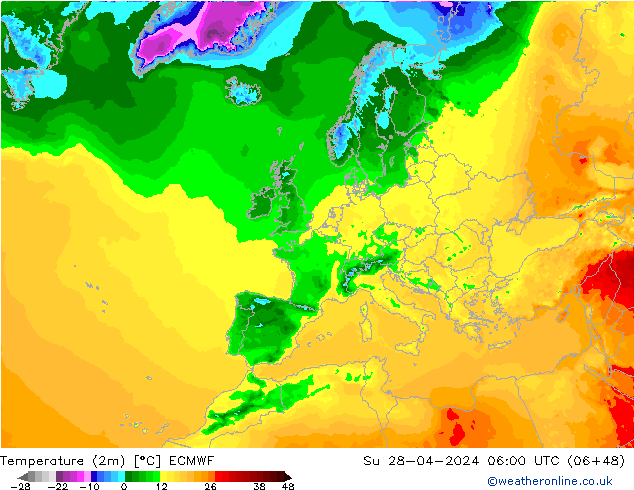 Temperaturkarte (2m) ECMWF So 28.04.2024 06 UTC