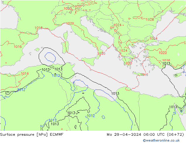 Presión superficial ECMWF lun 29.04.2024 06 UTC
