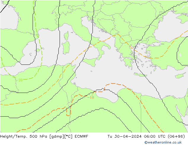 Height/Temp. 500 hPa ECMWF Út 30.04.2024 06 UTC