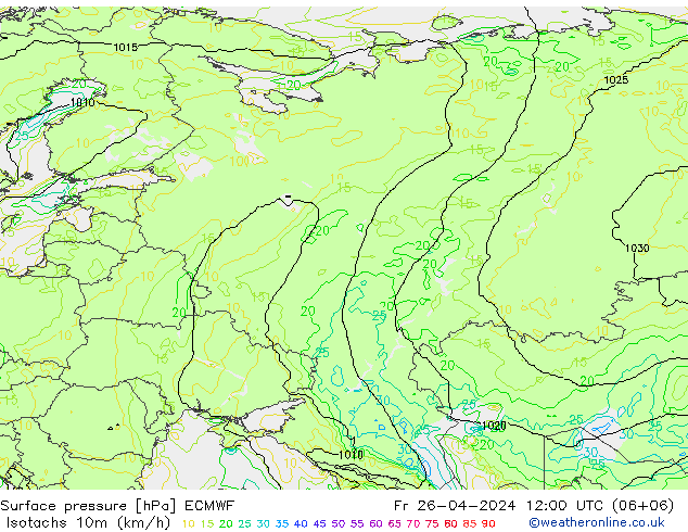 Isotachs (kph) ECMWF Fr 26.04.2024 12 UTC