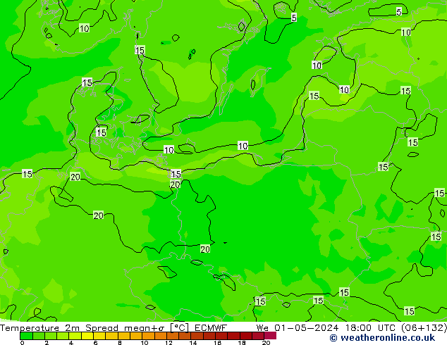 Temperatuurkaart Spread ECMWF wo 01.05.2024 18 UTC