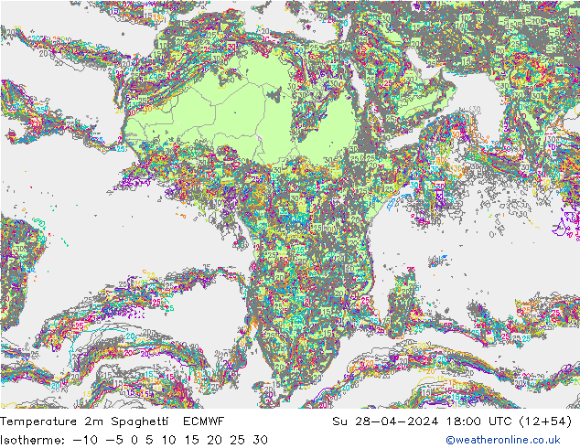 Temperature 2m Spaghetti ECMWF Su 28.04.2024 18 UTC