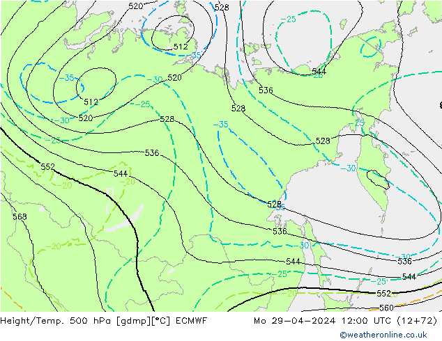 Height/Temp. 500 hPa ECMWF pon. 29.04.2024 12 UTC