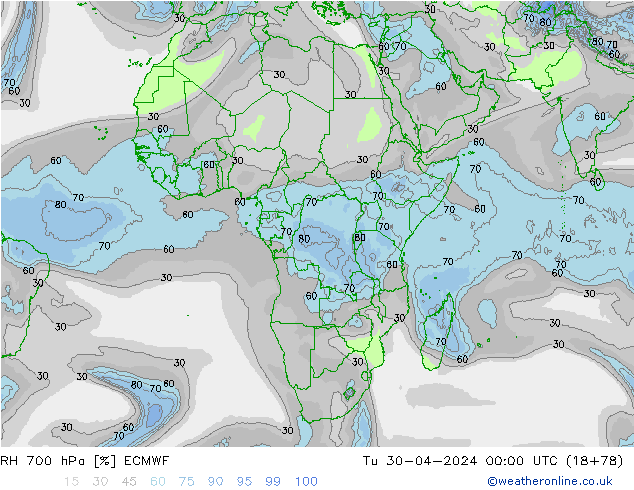 Humidité rel. 700 hPa ECMWF mar 30.04.2024 00 UTC
