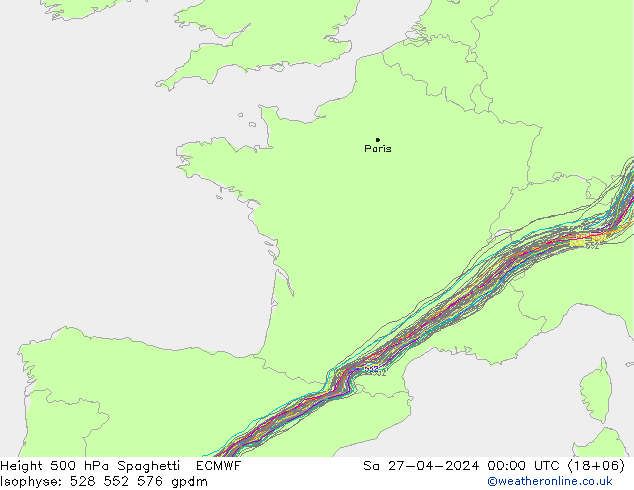 Height 500 hPa Spaghetti ECMWF Sa 27.04.2024 00 UTC