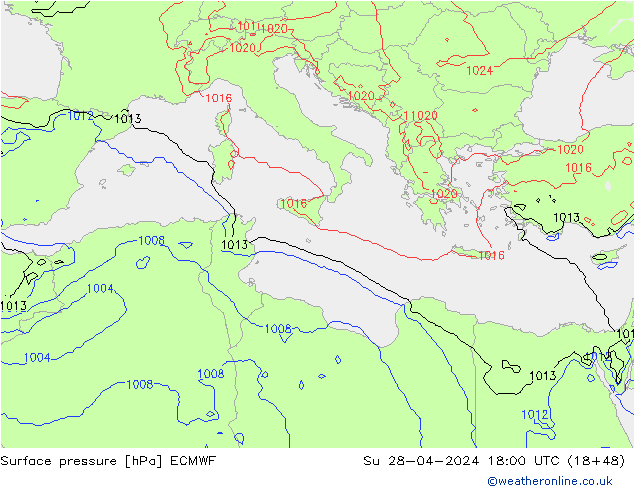Pressione al suolo ECMWF dom 28.04.2024 18 UTC