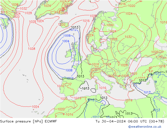 ciśnienie ECMWF wto. 30.04.2024 06 UTC