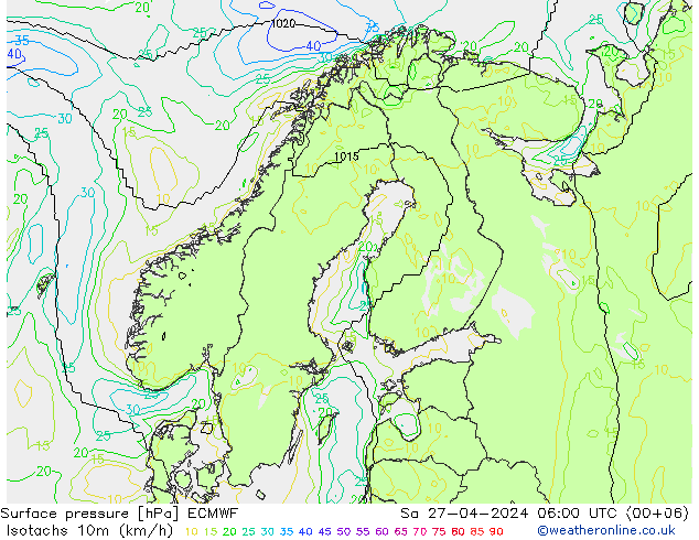 Isotachen (km/h) ECMWF Sa 27.04.2024 06 UTC