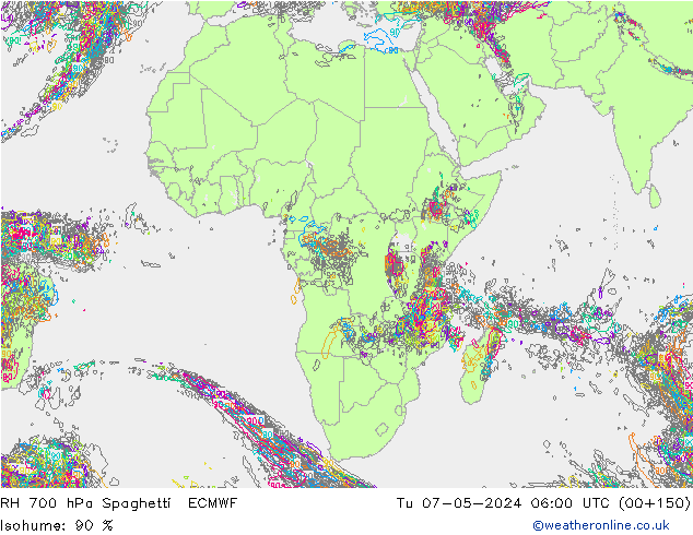 RH 700 hPa Spaghetti ECMWF Út 07.05.2024 06 UTC