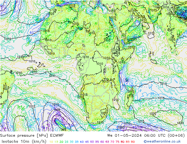 Isotachs (kph) ECMWF We 01.05.2024 06 UTC