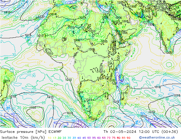 Isotachs (kph) ECMWF Th 02.05.2024 12 UTC