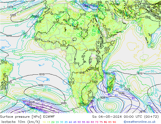 Izotacha (km/godz) ECMWF so. 04.05.2024 00 UTC