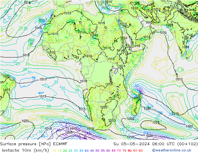 Isotachs (kph) ECMWF Su 05.05.2024 06 UTC