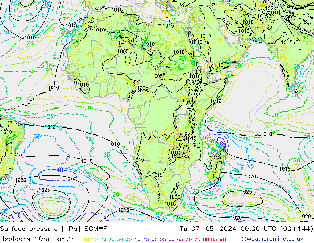 Isotachs (kph) ECMWF Tu 07.05.2024 00 UTC