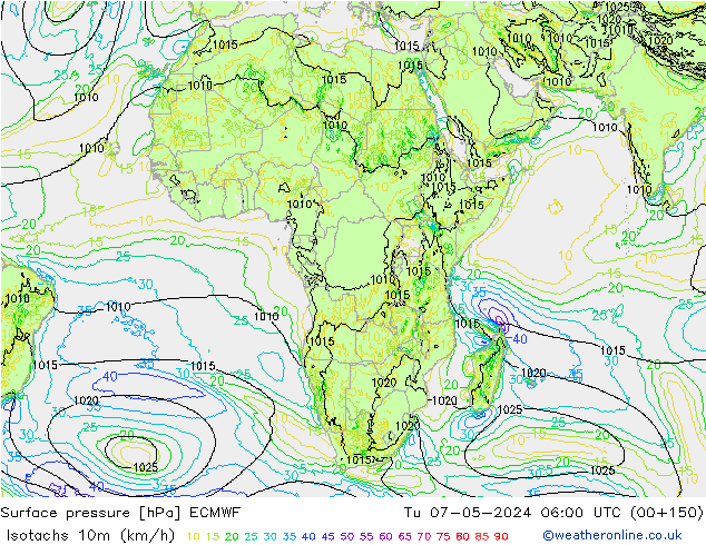 Isotachs (kph) ECMWF Út 07.05.2024 06 UTC