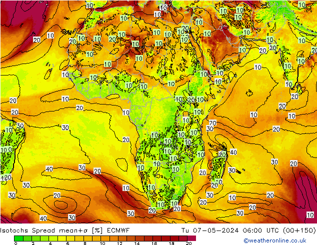 Eşrüzgar Hızları Spread ECMWF Sa 07.05.2024 06 UTC