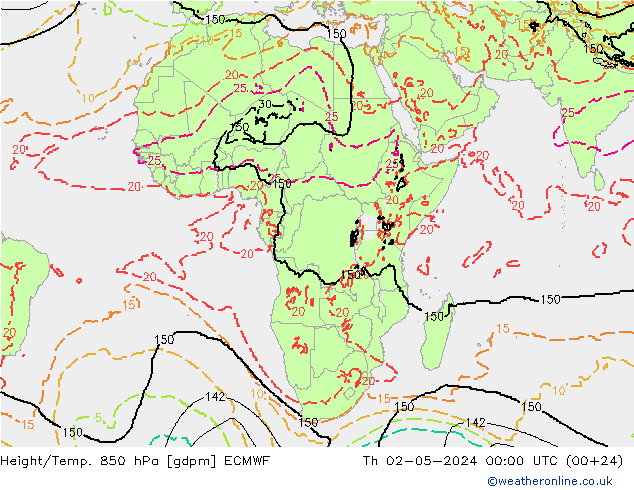 Height/Temp. 850 hPa ECMWF Th 02.05.2024 00 UTC