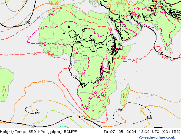 Yükseklik/Sıc. 850 hPa ECMWF Sa 07.05.2024 12 UTC