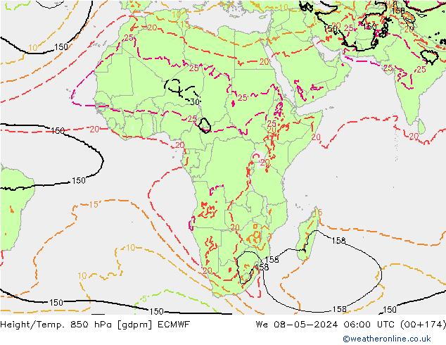 Géop./Temp. 850 hPa ECMWF mer 08.05.2024 06 UTC