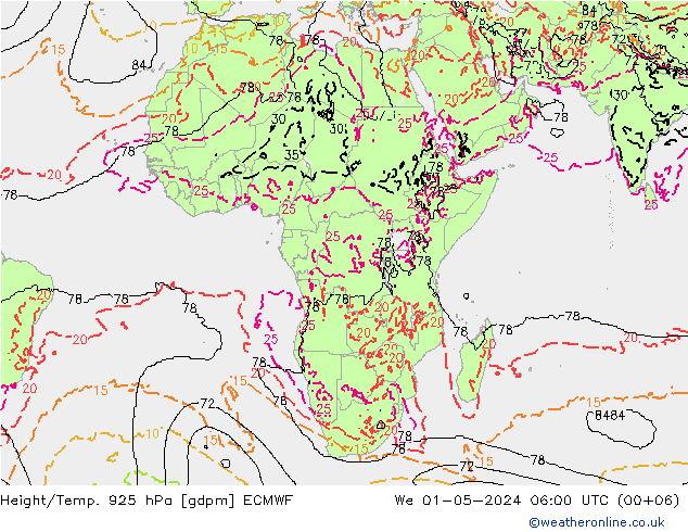 Height/Temp. 925 hPa ECMWF We 01.05.2024 06 UTC