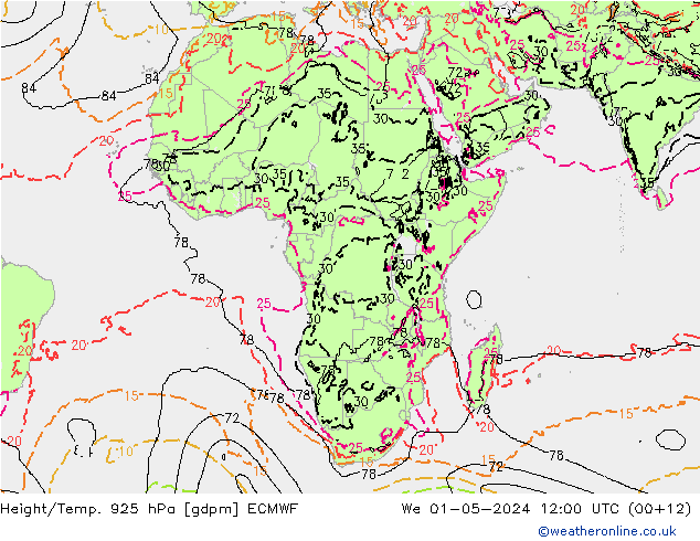 Yükseklik/Sıc. 925 hPa ECMWF Çar 01.05.2024 12 UTC