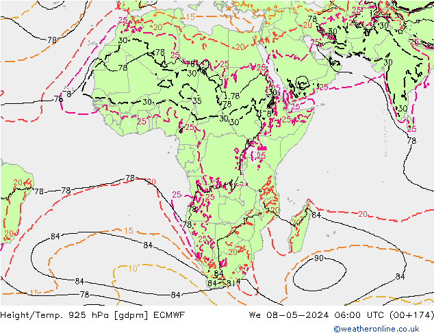 Géop./Temp. 925 hPa ECMWF mer 08.05.2024 06 UTC