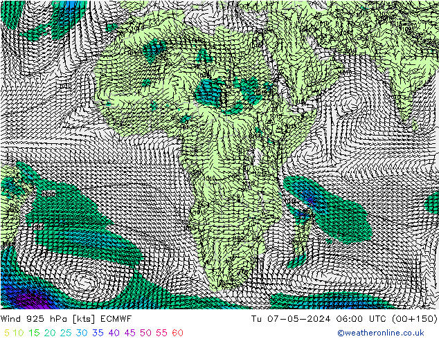 Wind 925 hPa ECMWF Út 07.05.2024 06 UTC