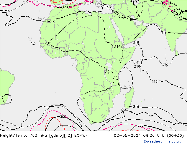 Height/Temp. 700 hPa ECMWF gio 02.05.2024 06 UTC