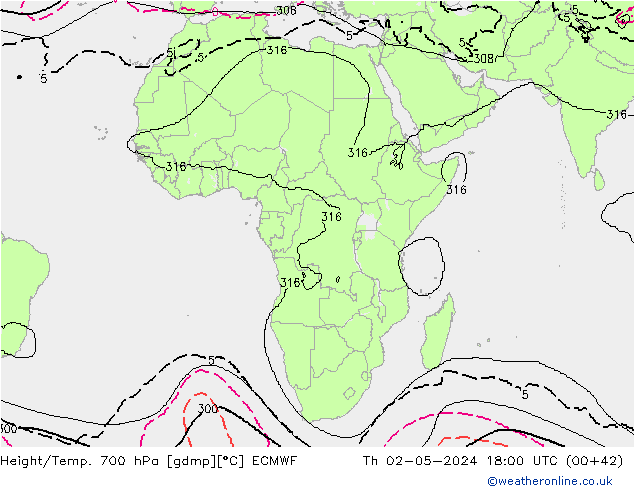 Height/Temp. 700 hPa ECMWF gio 02.05.2024 18 UTC