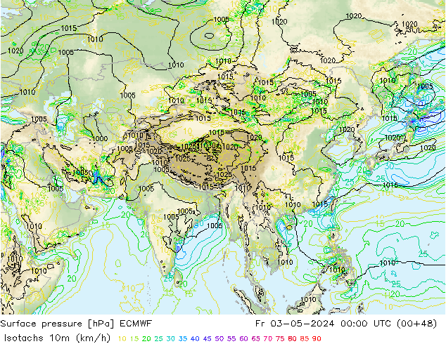 Eşrüzgar Hızları (km/sa) ECMWF Cu 03.05.2024 00 UTC