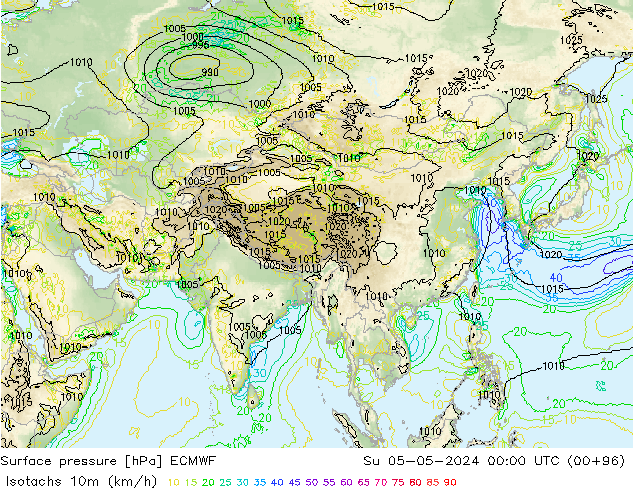 Isotachs (kph) ECMWF Su 05.05.2024 00 UTC