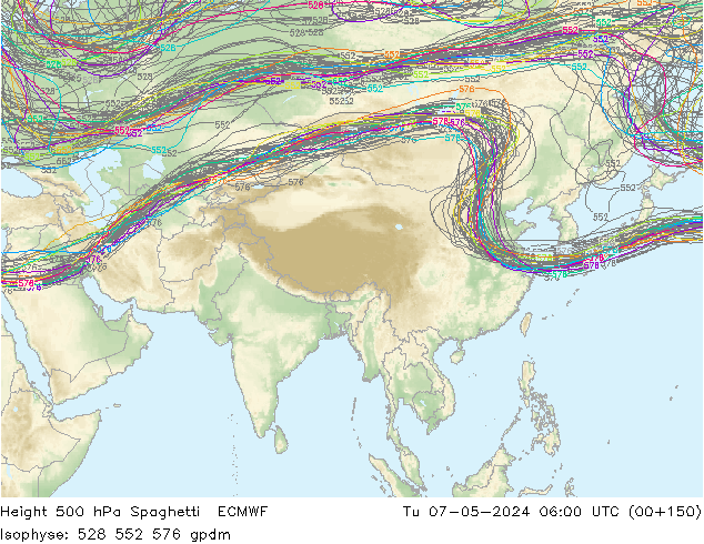 Height 500 hPa Spaghetti ECMWF Tu 07.05.2024 06 UTC